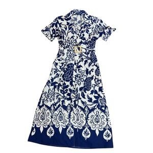 Zara Cotton Button Down Blue & Soft White Summer DressContemporary Floral SZ: S